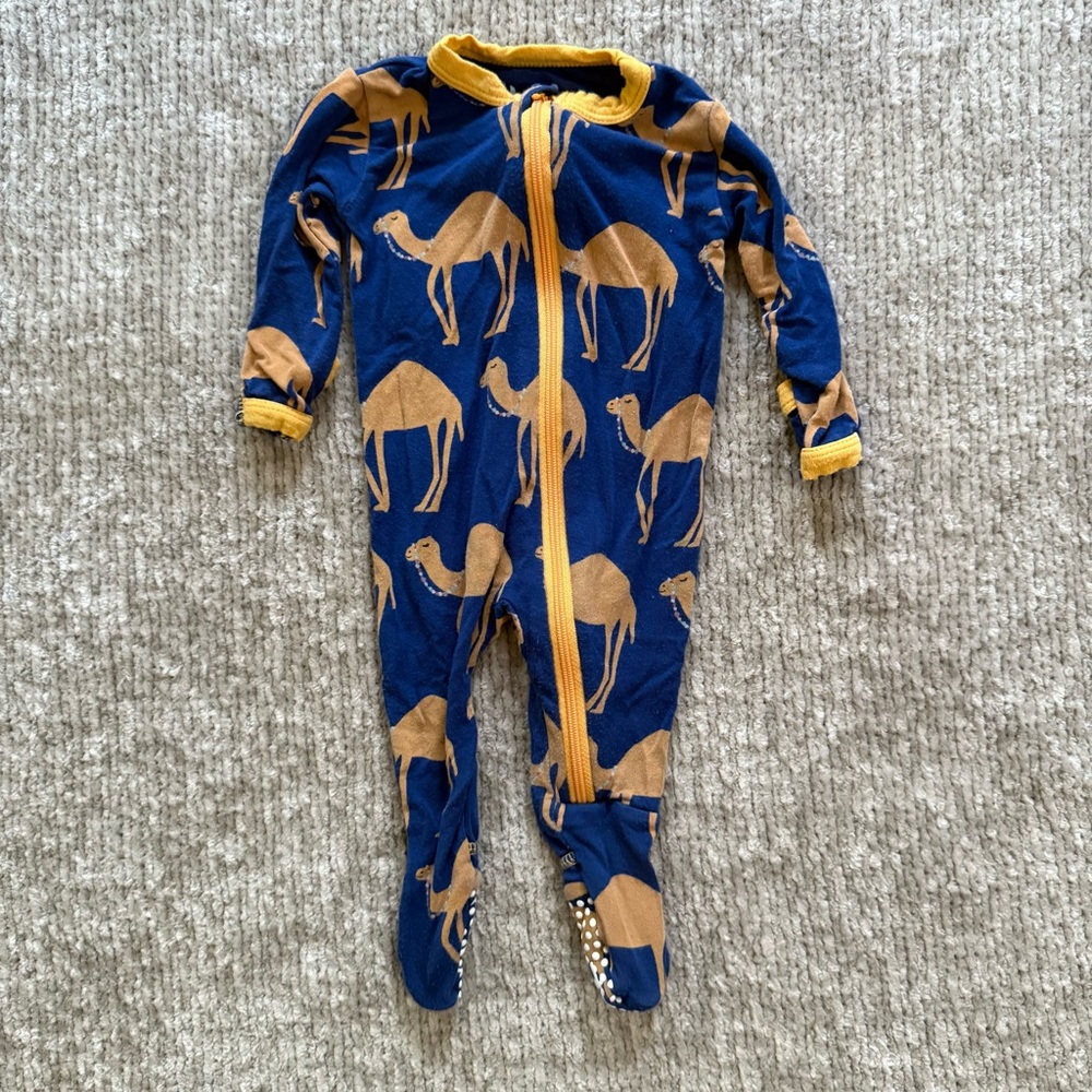 KicKee Pants Bamboo Footed Coverall NB Blue Camel Print Zipper Pajamas